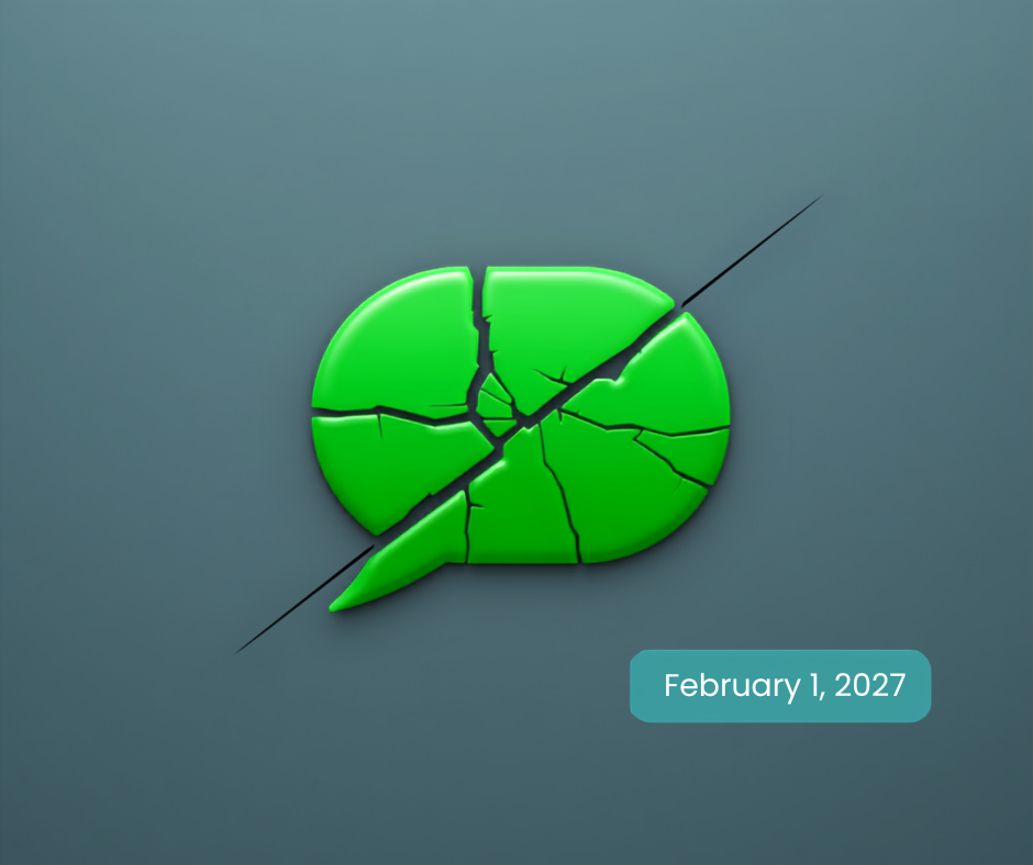 A cracked green SMS speech bubble with a countdown to February 1, 2027, representing the retirement of Microsoft-provided SMS and voice authentication.
