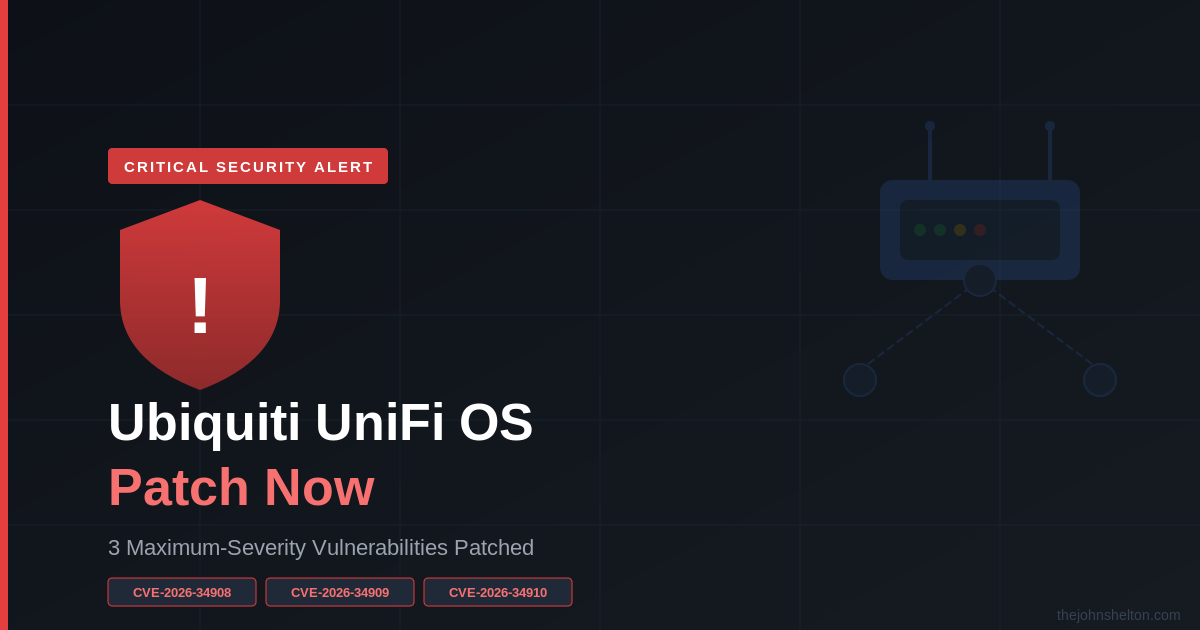 Critical security alert graphic for Ubiquiti UniFi OS patches